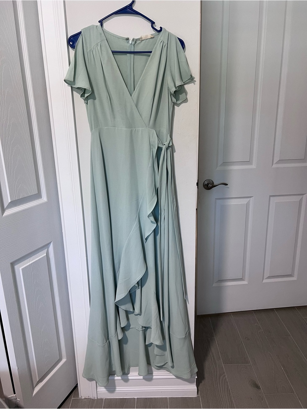 Altar'd State Mint Sage Wrap Maxi Dress with Ruffle Hem